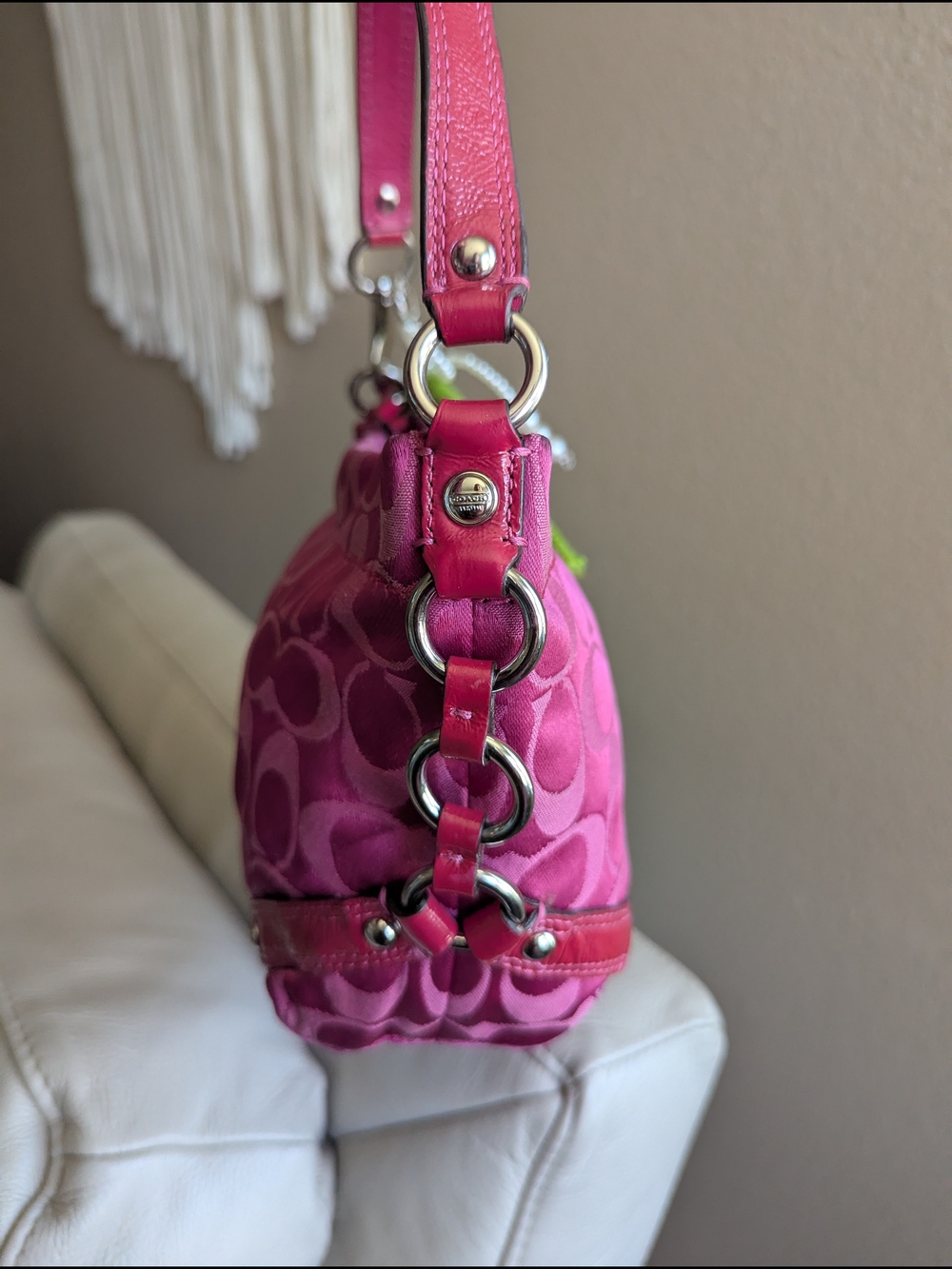Coach Pink Signature Jacquard Shoulder Bag with Pearl Charm - Picture 7 of 16
